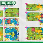 "LOCH 1 BIS LOCH 9. Übersicht der Spielbahnen, die du bauen kannst. Neun detailreiche bunte Golfbahnen in verschiedenen Formen."