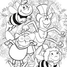 Illustration mehrerer fröhlicher Cartoon-Insekten, darunter Bienen, vor einem floralen Hintergrund.