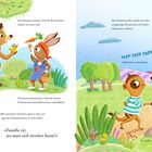 Links streiten Känguru- und Kaninchenmutter. Rechts geht ein Erdmännchen unter einem Regenbogen auf Abenteuer.