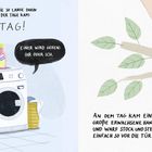 Eins: Waschmaschine mit menschlichen Gesichtszügen, spricht über Wäschetag. Zwei: Hand wirft Stock und Stein von Baum.