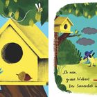 „Endlich! Der Frühling ist da! Das bedeutet SONNENSCHEIN!“ „Oh nein, graue Wolken! Der Sonnendieb ist zurück!“ Eine bunte Illustration mit einem Eichhörnchen, einem Vogel mit Hut und einem gelben Vogelhaus in einer grünen Szene.