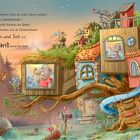 Text: „Rüsseln und Tröt mit Papafant“. Illustration eines Baumhauses mit Elefanten, einer Rutsche, Tieren und einem Abendhimmel.