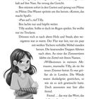 Seite 8 eines Buches. Text über Tilly und Ben im Regen und in einem alten Haus. Eine Illustration zeigt ein Mädchen mit langen Haaren.