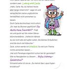 Eine Illustration zeigt ein Mädchen mit lila Haaren und Brille, das ein Peace-Zeichen macht. Ein kleines Monster ist daneben.