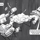 Zwei Roboter picknicken in der Luft. Einer fragt "Zufrieden?", der andere antwortet begeistert über das beste Picknick.