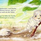 Text über einem Chamäleon: "Knack! Die Schale ist aufgebrochen..." Chamäleon auf einem Ast, Nebel, bunte Vögel. 