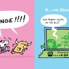 Schriftzüge: "SCHLANGE!!!", "R... wie Röntgengerät", "Ich kapier nicht, wo ich bin!" Illustrationen von Tieren und Röntgenbildern.