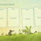 "Mein Geburtstagskalender" in großen Buchstaben, darunter Monatsfelder von Januar bis Dezember. Illustration mit Wiese, Blume, Maus und Vogel.