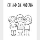 "Ich und die Anderen" steht oben. Illustration von drei fröhlichen Kindern, die befreundet wirken und sich umarmen.