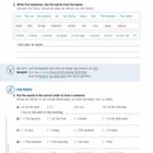Der Satzbau in Aussagesätzen (2/2). Aufgabe: Fünf Sätze mit vorgegebenen Wörtern bilden. Beispiele vorhanden.