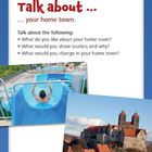 Titel: "Talk about ... your home town." Fragen: "What do you like? Show tourists? Change?" Oben Wasserrutsche, unten Gebäude mit Türmen.