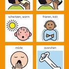 "Befinden – Bedürfnisse"; "Hunger, essen"; "Durst, trinken"; "schwitzen, warm"; "frieren, kalt"; "müde"; "ausruhen". Sechs Illustrationen.
