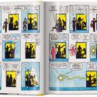 Comic mit Figuren. Viele Sprechblasen. Beschreibt eine fantasievolle Diskussion über Geschichten und Inspiration.