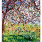 04; Claude Monet; Obstbäume in Blüte; Impressionistisches Gemälde mit blühenden Bäumen und grünem Gras.