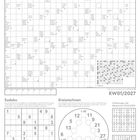 Schwedenrätsel KW01/2027, Sudoku, Kreisrechnen; leeres Kreuzworträtsel, Sudoku-Gitter, Kreisdiagramm mit Zahlen.