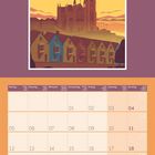 „IRELAND“, „COBH“. Illustration: Bunte Häuser und Kirche bei Sonnenuntergang. Kalenderseite April 2027.