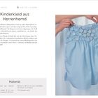 "Material" listet Baumwollhemd, 68 Knöpfe, weißes TPU-Band. Ein umgearbeitetes Hemd wird als Kleid hochgehalten.