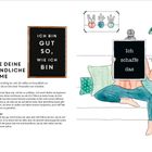 Links: "Finde deine freundliche Stimme". Rechts: Person auf Sofa mit Schild "Ich schaffe das". Stilisiert, Pflanzen im Hintergrund.