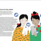 Text: "EIFERSUCHTSALARM" und ein Absatz über Neid in Beziehungen. Illustration: Zwei Personen mit Smartphones, umgeben von "Gefällt mir"- und Herzsymbolen.