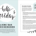 "Hello Friday" und "SMILE it's SATURDAY" groß geschrieben. Text über Wochenendaktivitäten und Tipps zur besseren Nutzung der Zeit.