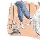 Die Kunst, nichts zu tun. Absolut nichts. Illustration von entspanntem Bein in blauer Kleidung über Papierstapel.