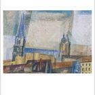 April Kalenderblatt: Kubistische Illustration von Gebäuden mit Türmen, geometrischen Formen und blauen Tönen.