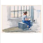 Text: April. Aquarell eines Mädchens auf einer Bank beim Zeichnen, mit großem Fenster im Hintergrund.