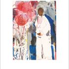 Kalender, April 2023. Aquarell eines Menschen in Weiß neben roten Blumen auf abstraktem Hintergrund.