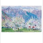 April: 1, 2, 3 ... 28, 29, 30. 

Eine farbenfrohe, impressionistische Landschaft mit blühenden Bäumen und Bergen.