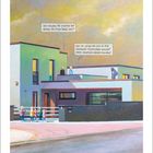 Illustration einer modernen Villa, zwei Erwachsene fragen über Kinderaktivitäten. Kalenderblatt April 2027 darunter.