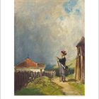 "11 12 13 14 15 16 17 18 19 20 21 22 23 24 25" steht unten. Ein Mann in Uniform im Garten neben einem Zaun und Häuschen.