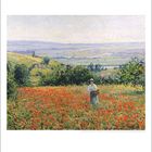 Titel: "Frau im Mohnfeld". Illustration zeigt eine weite Landschaft mit einer Frau in einem blühenden Mohnfeld.