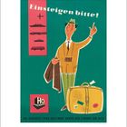 Text: „Einsteigen bitte!“, „HO Warenhaus“, „Gut versorgt – froh gestimmt durch den Einkauf am Alex“. Illustration: Mann mit Koffer.