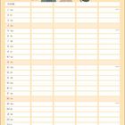 „NAME“, Wochentage und Zahlen in einer Tabelle. Unten steht „April“. Dazwischen sind Blumen in Pastellfarben.