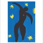 "Ikarus, Tafel VIII aus Jazz · 1947". Bunte Illustration: schwarze Figur im Tanz, gelbe Sterne auf blauem Hintergrund.