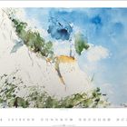 "Steilküste auf Rügen". Aquarell mit blauem Himmel, grüner Landschaft und Sandsteinfelsen. Unten ist der Monat April aufgeführt.