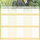 April 2027 Kalenderblatt. Illustration eines gelben Vogels auf einem Baumstumpf mit weißen Narzissen.