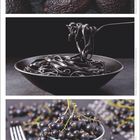 April, Montag bis Sonntag. Avocados, schwarze Tagliatelle, schwarze Johannisbeeren im Fokus.