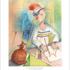 Ein Mann malt eine Katze, während eine echte Katze zuschaut. Texte:
„Könnte man den Menschen mit der Katze kreuzen...“