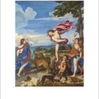 Kalenderbild für April. Renaissancegemälde mit mythischen Figuren, Leoparden und Landschaft im Hintergrund.