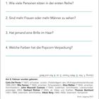 Aufgabe mit Fragen zu Personen und Popcorn-Verpackung; Lösungen weisen auf Farben und Anzahl hin; Geburtstagsinfos folgen.