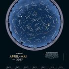 Sternenkarte April-Mai 2027, zeigt Sternbilder und Mondphasen. Texte erwähnen Himmelsrichtungsanweisungen und Planeten.