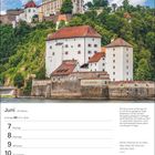 Juni, 23. Woche, Zwillinge 21.5.–20.6., Kalenderdaten, Zitat von Cicero. Ansicht einer Burg auf einem grünen Hügel.