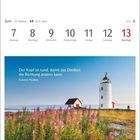 Kalender: Juni, Woche 23, 7. bis 13. Ein Zitat von Francis Picabia. Darunter ein Leuchtturm in blühender Landschaft.