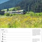 Juni, Zwillinge 21.5.–20.6. Kalender mit Landschaft. Zug in grüner Berglandschaft, gelbe Blumen im Vordergrund.
