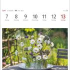Kalender: Juni, Woche 23, Tage 7-13. Weiße und violette Blumen in Vasen auf einem Tisch im Garten.