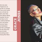 Links ein Kalender für Mai und Juni, 22. Woche. Rechts Text über Grace Jones, daneben ein Bild einer Person mit Mikrofon.