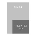 Große graue Fläche mit "DIN A4", darunter kleinere dunklere Fläche mit "15,8 × 12,9 cm".
