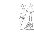 Es gibt keinen Text. Eine Illustration zeigt ein Zelt, Katze, Pflanzen, Spielzeug, Mond und eine Kommode mit Regenbogen.