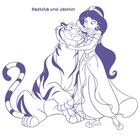 „Radscha und Jasmin“ steht oben. Zeichnung einer Frau, die einen Tiger umarmt.